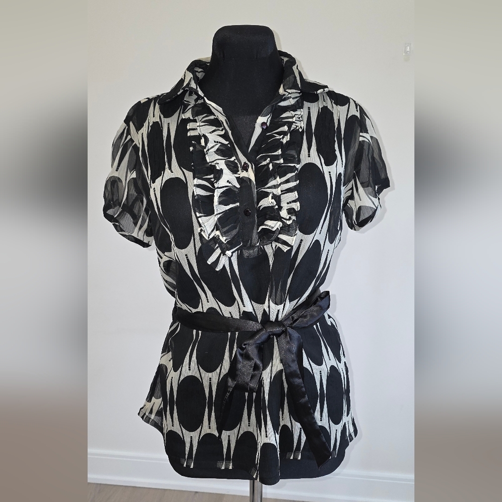 Evie Black and Cream Polka Dot Ruffled Tie Front Polo Blouse M